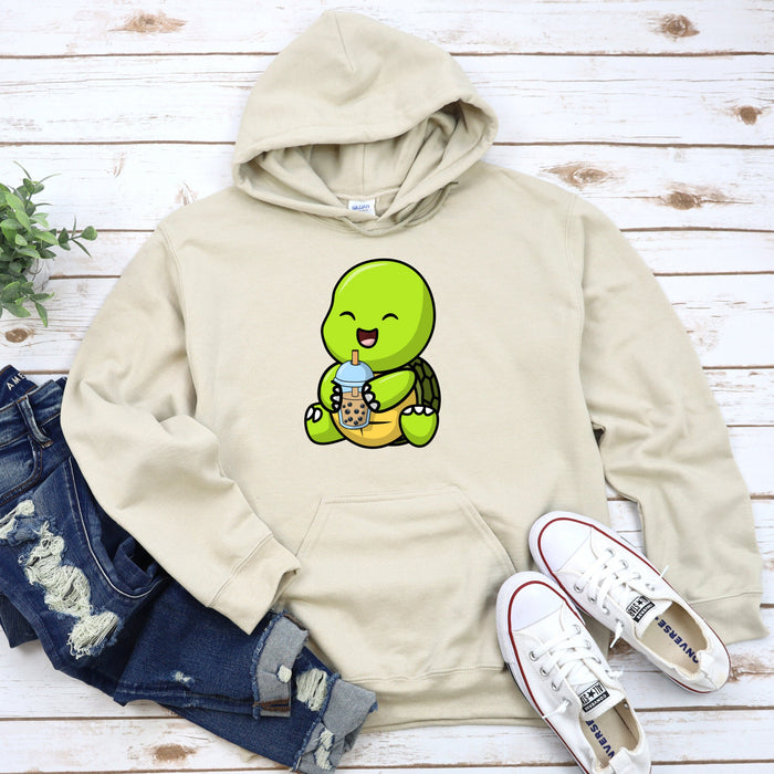 Cute Baby Turtle Drinking Boba Tea Hoodie | Cute Smiling Baby Tortoise Sitting Happy Laughing Green Shell Animal Japanese Streetwear Cartoon