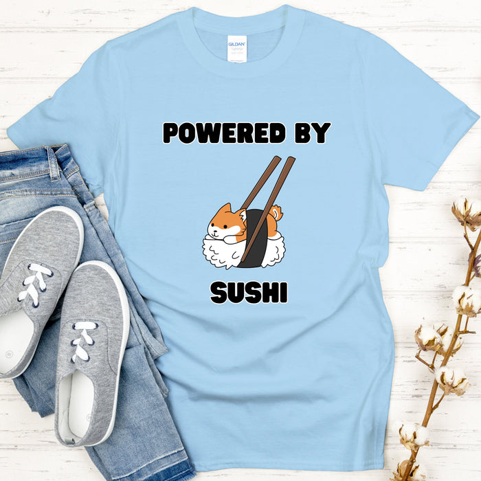 Cute Powered by Sushi Shiba Inu T-Shirt |Adorable Shiba Inu Sushi Roll Japanese Streetwear Anime Apparel Cartoon