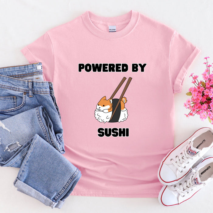 Cute Powered by Sushi Shiba Inu T-Shirt |Adorable Shiba Inu Sushi Roll Japanese Streetwear Anime Apparel Cartoon