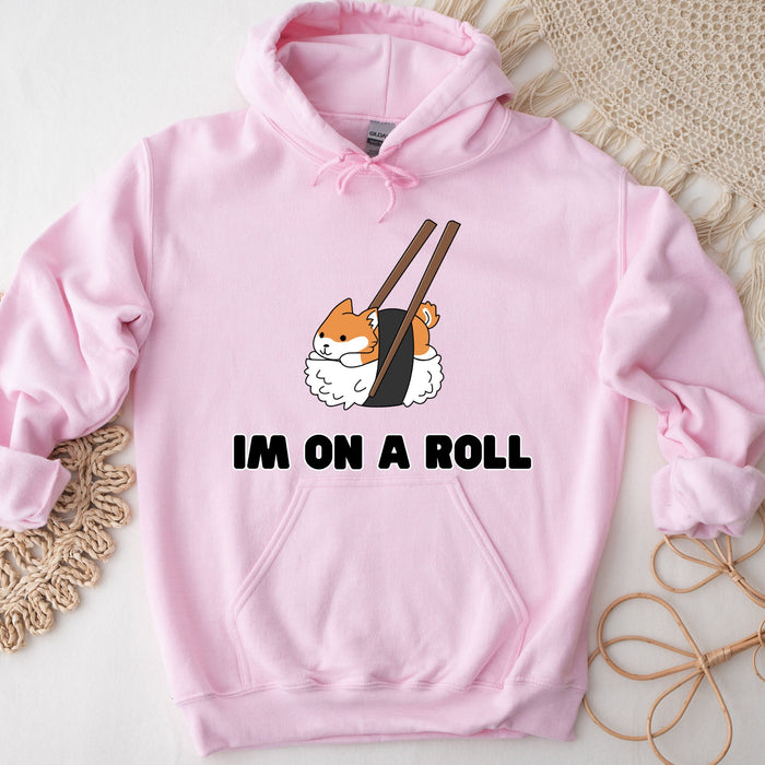 Cute Im on a Roll Sushi Shiba Inu Hoodie |Adorable Shiba Inu Sushi Roll Chopsticks Japanese Streetwear Anime Apparel Cartoon