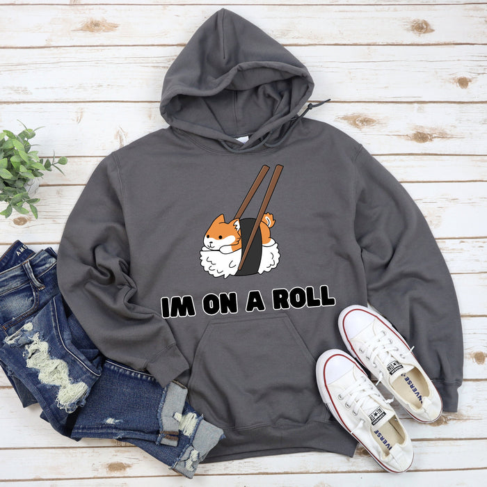 Cute Im on a Roll Sushi Shiba Inu Hoodie |Adorable Shiba Inu Sushi Roll Chopsticks Japanese Streetwear Anime Apparel Cartoon