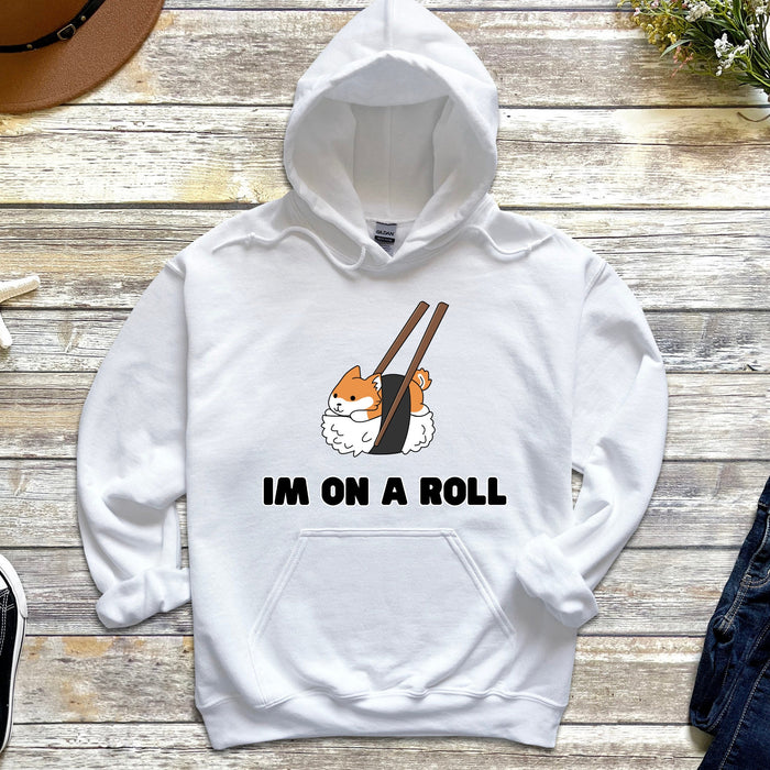 Cute Im on a Roll Sushi Shiba Inu Hoodie |Adorable Shiba Inu Sushi Roll Chopsticks Japanese Streetwear Anime Apparel Cartoon