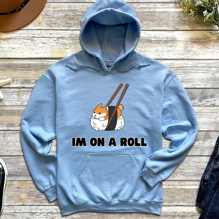 Cute Im on a Roll Sushi Shiba Inu Hoodie |Adorable Shiba Inu Sushi Roll Chopsticks Japanese Streetwear Anime Apparel Cartoon