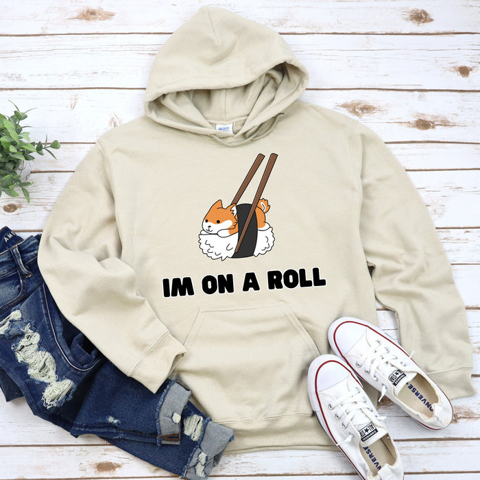 Cute Im on a Roll Sushi Shiba Inu Hoodie |Adorable Shiba Inu Sushi Roll Chopsticks Japanese Streetwear Anime Apparel Cartoon