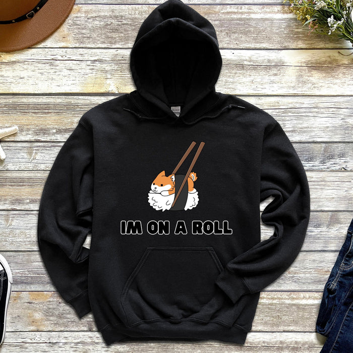 Cute Im on a Roll Sushi Shiba Inu Hoodie |Adorable Shiba Inu Sushi Roll Chopsticks Japanese Streetwear Anime Apparel Cartoon