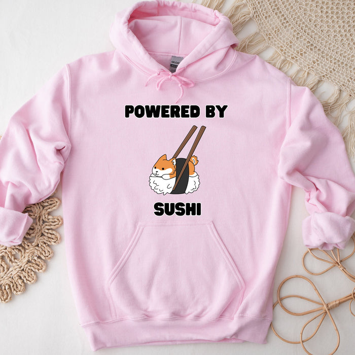 Cute Powered by Sushi Shiba Inu Hoodie |Adorable Shiba Inu Sushi Roll Japanese Streetwear Anime Apparel Cartoon