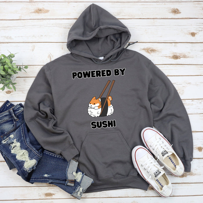 Cute Powered by Sushi Shiba Inu Hoodie |Adorable Shiba Inu Sushi Roll Japanese Streetwear Anime Apparel Cartoon