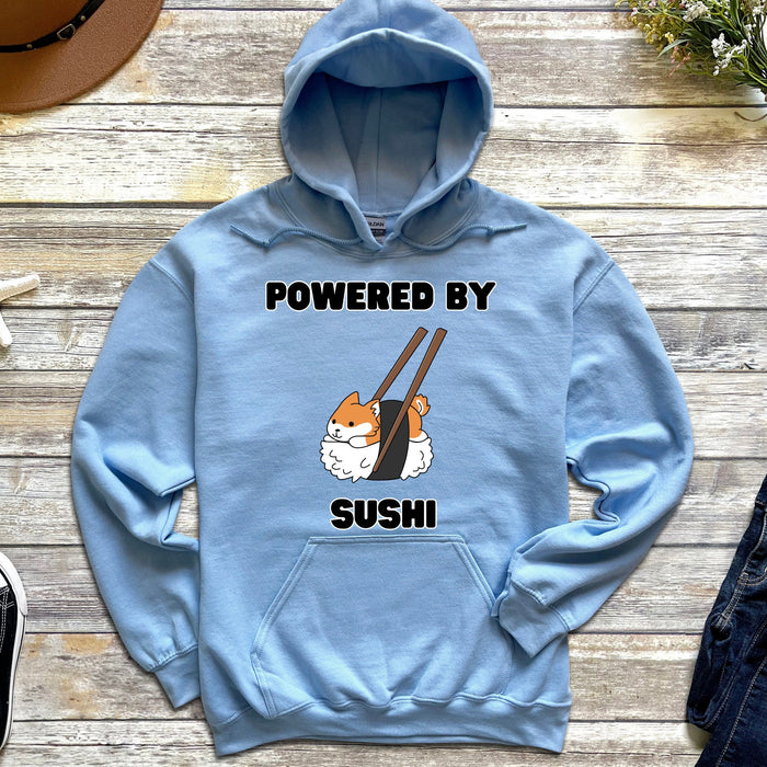 Cute Powered by Sushi Shiba Inu Hoodie |Adorable Shiba Inu Sushi Roll Japanese Streetwear Anime Apparel Cartoon