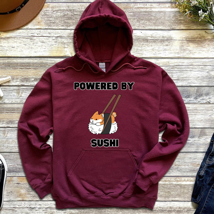 Cute Powered by Sushi Shiba Inu Hoodie |Adorable Shiba Inu Sushi Roll Japanese Streetwear Anime Apparel Cartoon