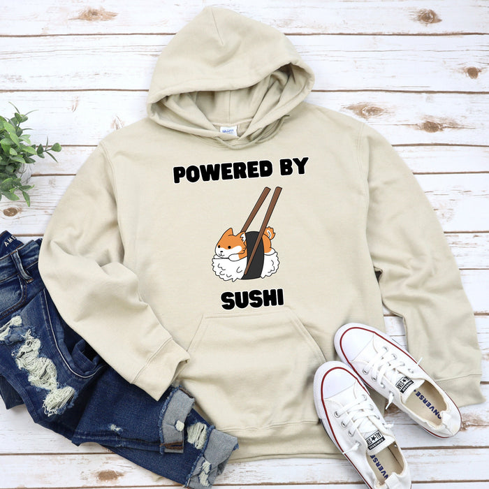 Cute Powered by Sushi Shiba Inu Hoodie |Adorable Shiba Inu Sushi Roll Japanese Streetwear Anime Apparel Cartoon