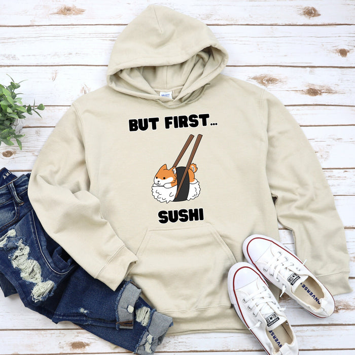 Cute But First Sushi Shiba Inu Hoodie |Adorable Shiba Inu Sushi Roll Chopsticks Japanese Streetwear Anime Apparel Cartoon