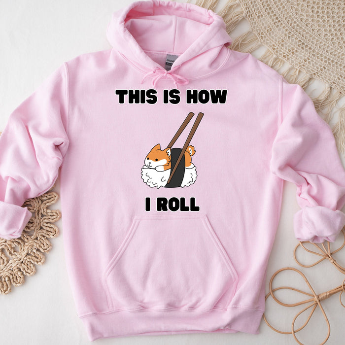 Cute This is How I Roll Sushi Shiba Inu Hoodie |Adorable Shiba Inu Sushi Roll Chopsticks Japanese Streetwear Anime Cartoon