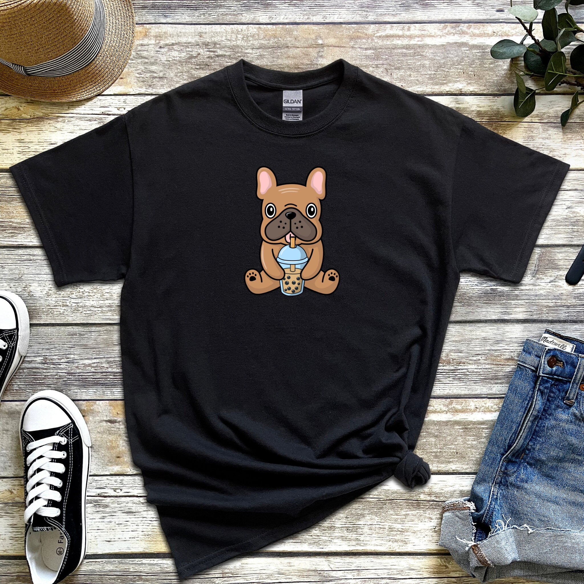Brown French Bulldog Drinking Boba T-Shirt