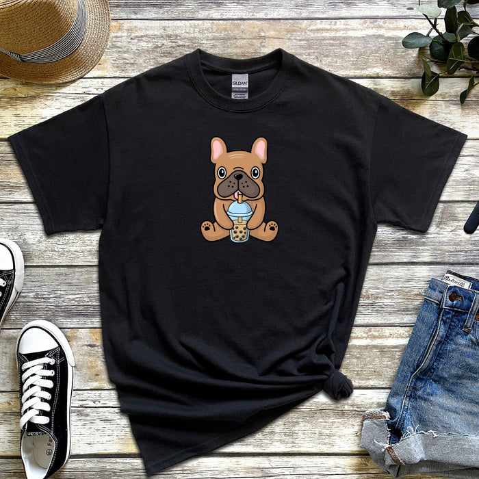 Cute Brown French Bulldog Pug Pitbull Drinking Boba T-Shirt |Pug Pitbull Bubble Tea DogMeme MochaFrappuccino Drink