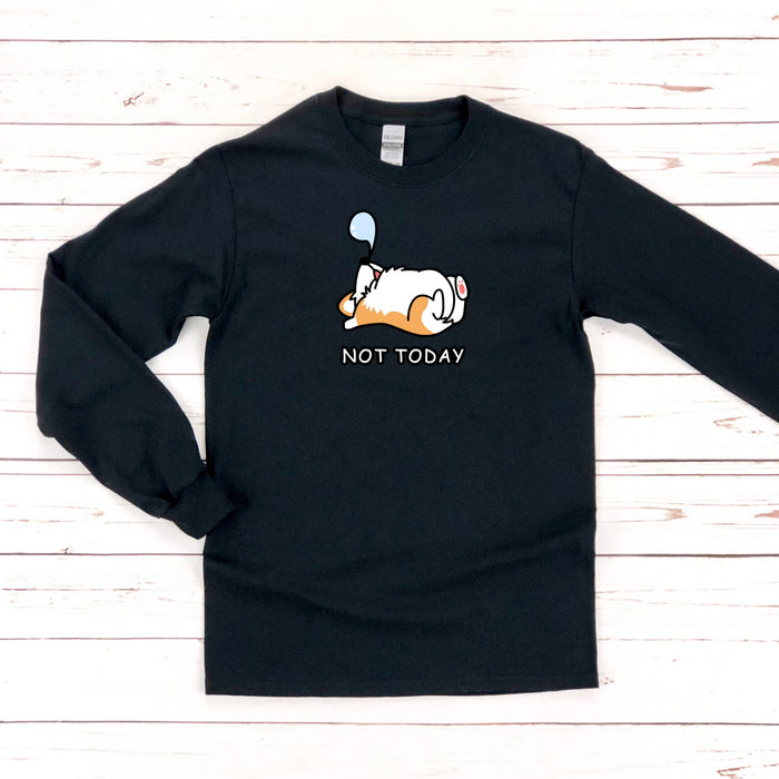 a black shirt with a dog on it that says not today