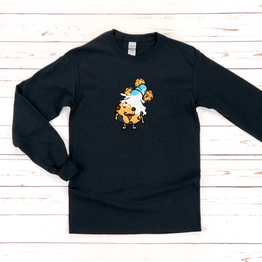 a black sweatshirt with a cartoon character on it