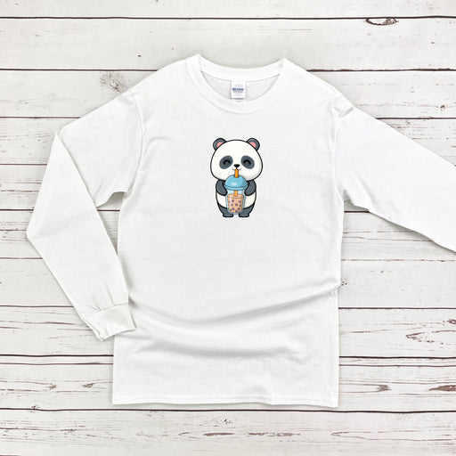 a white long sleeve shirt with a panda holding a cup of coffee