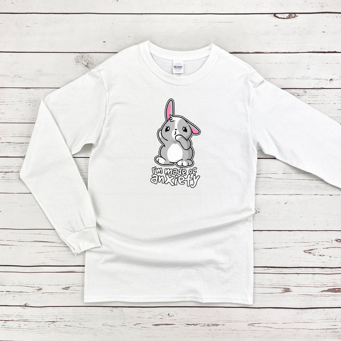 a white long sleeve shirt with a cartoon bunny on it