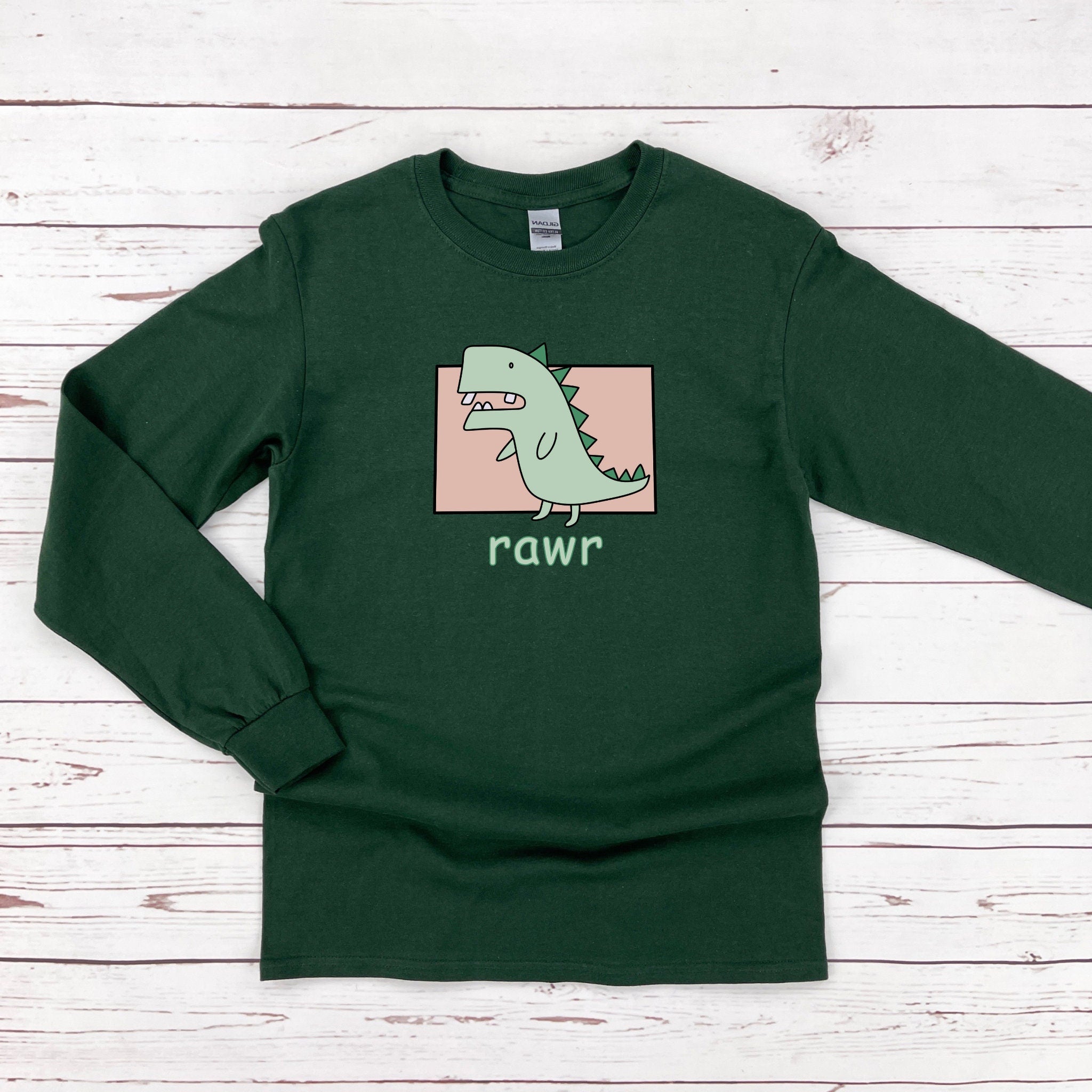 a green long sleeve shirt with a dinosaur on it