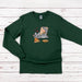 a green sweatshirt with a picture of a cat eating pizza