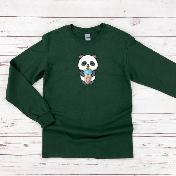 a green shirt with a panda eating an ice cream cone