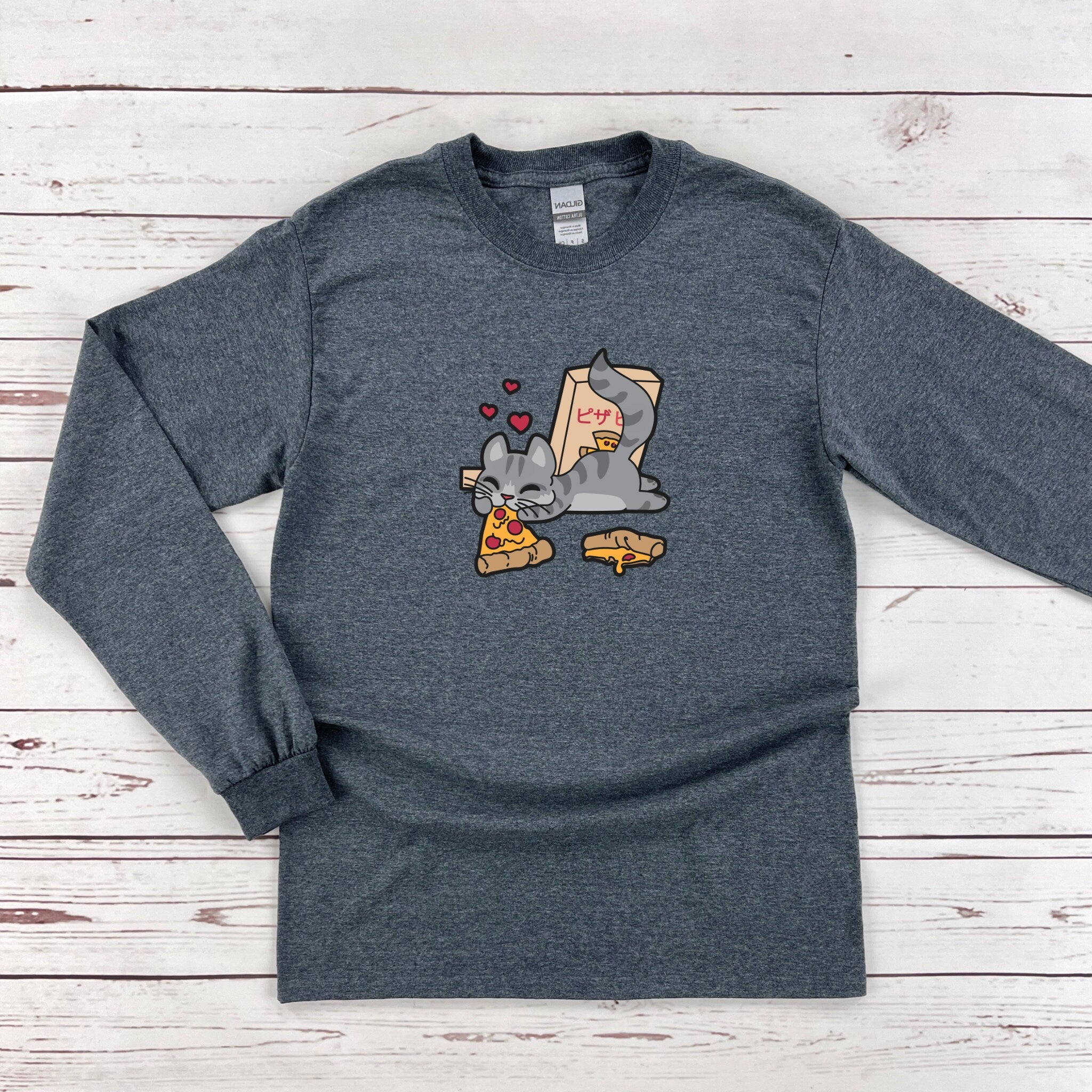 a gray shirt with an elephant eating pizza