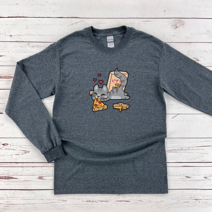 a gray shirt with an elephant eating pizza