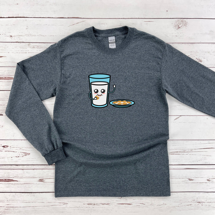 a gray shirt with a cup of coffee and a plate of food