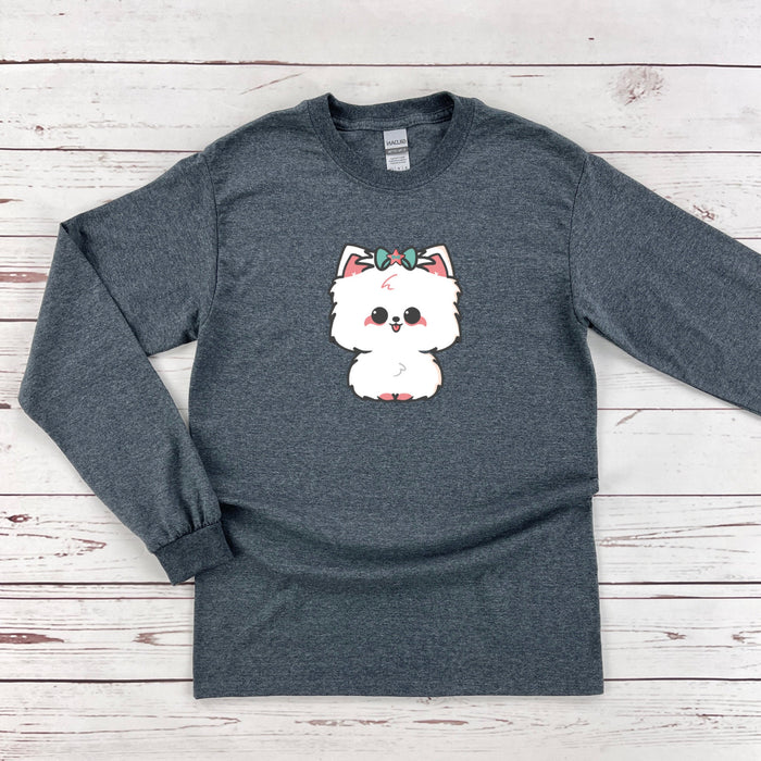 a gray shirt with a white dog on it