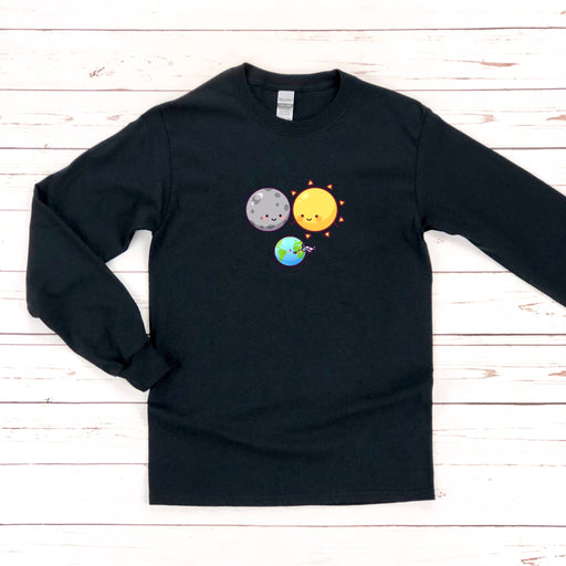 a black shirt with a picture of the planets on it