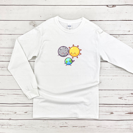 a white long - sleeved shirt with a picture of the sun, moon and