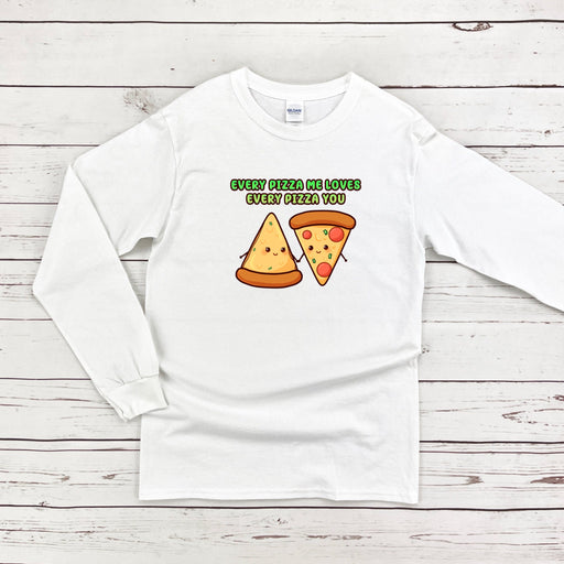 a white shirt with a pizza and a slice of pizza on it