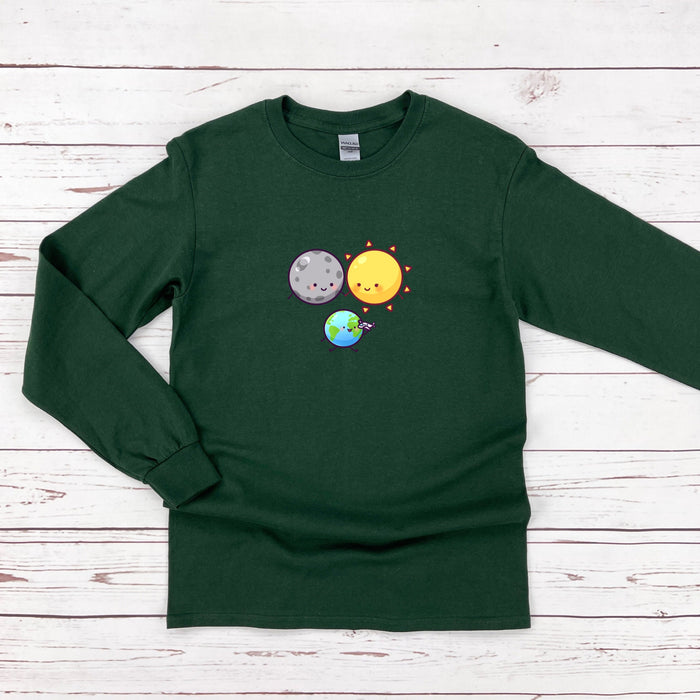 a green sweatshirt with a picture of the planets on it