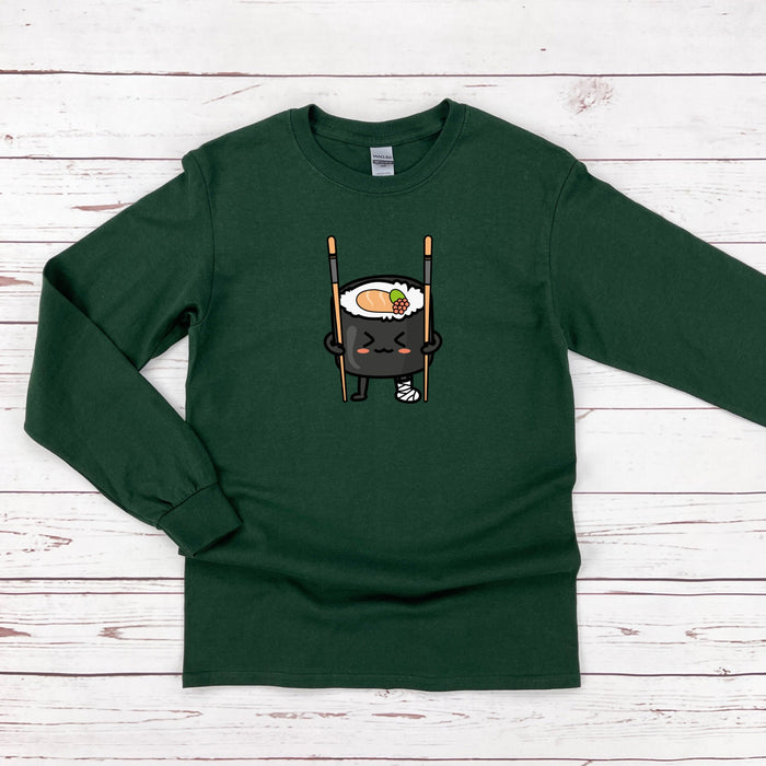 a green shirt with a sushi on it