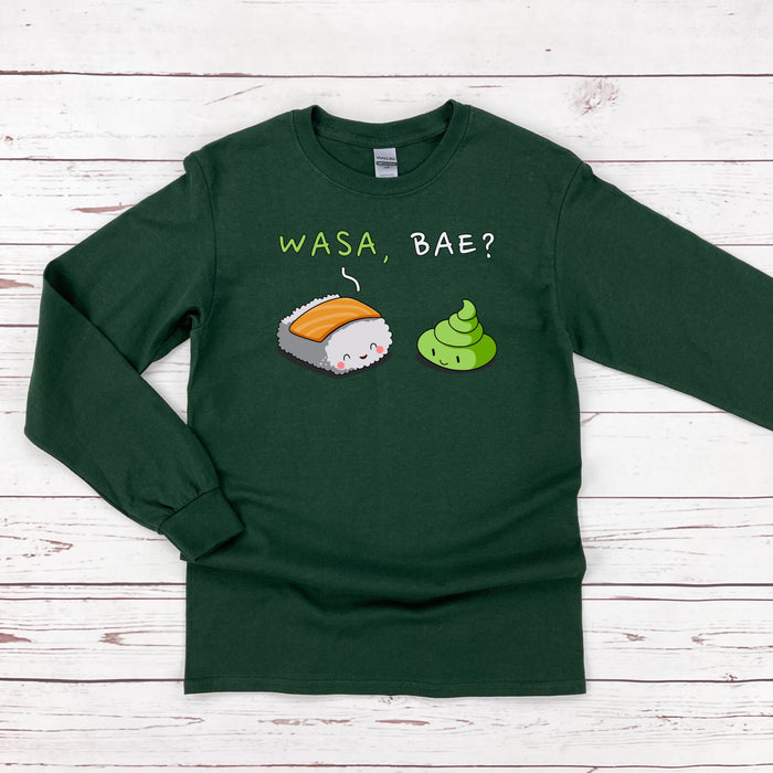 a green tshirt with sushi on it that says wasa bae?