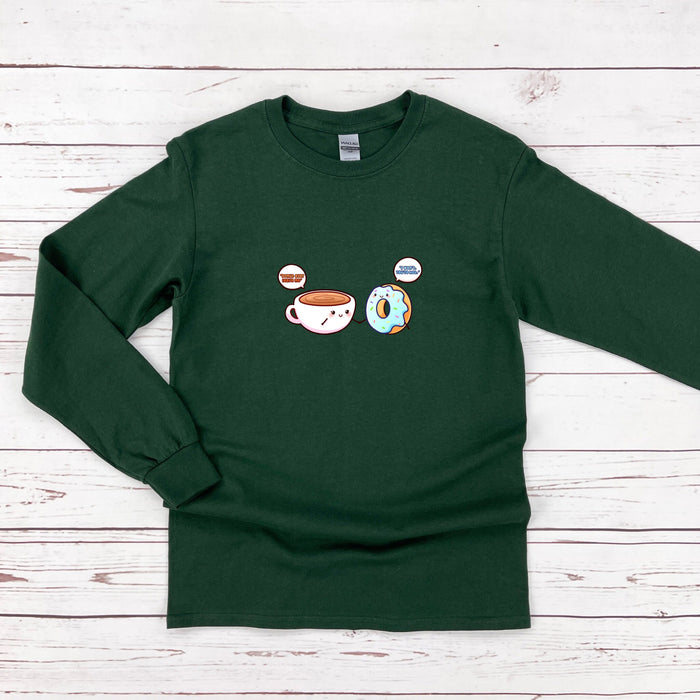 a green shirt with a picture of two donuts on it