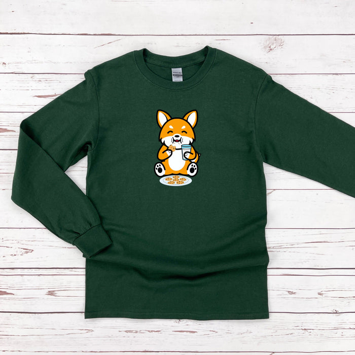a green shirt with a picture of a corgi eating a bowl of food