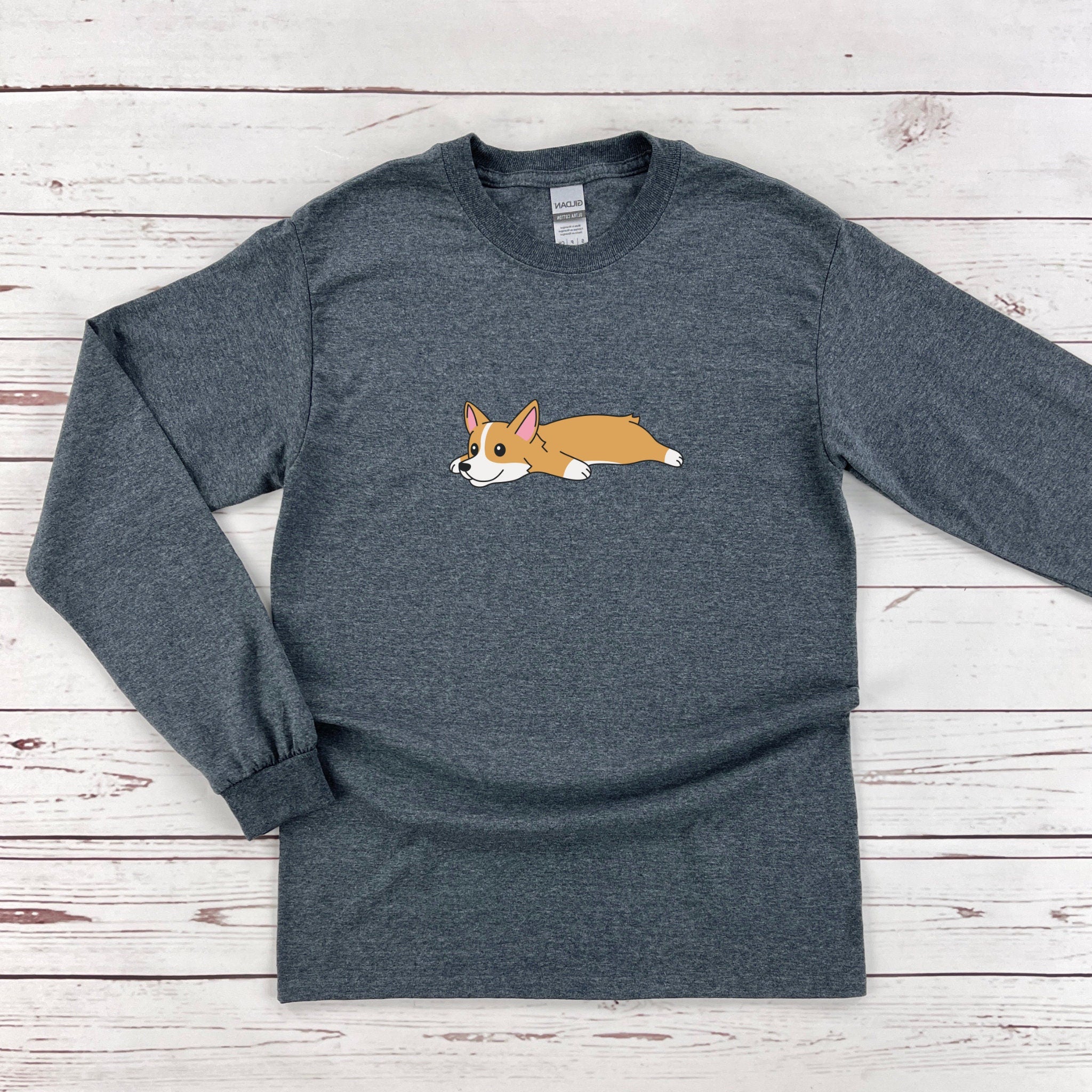 a grey shirt with a corgi dog on it