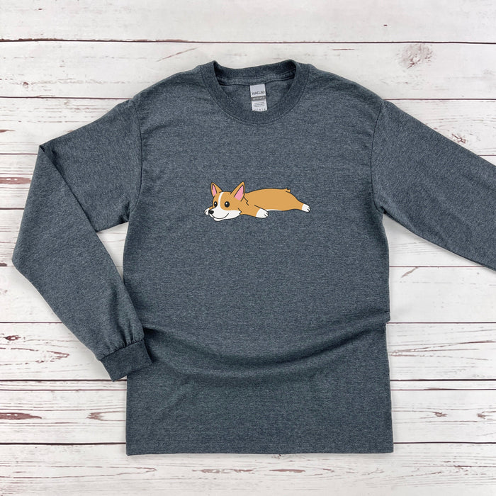 a grey shirt with a corgi dog on it