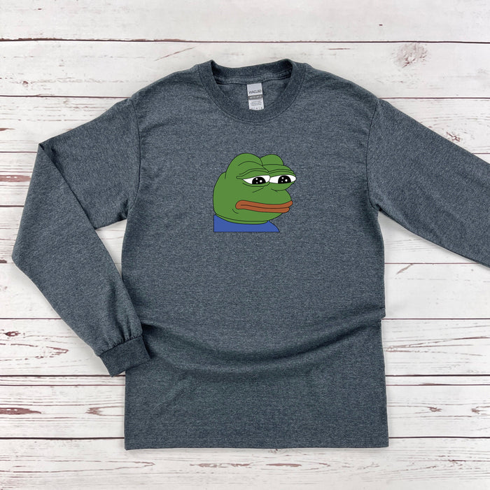 a gray shirt with a green frog on it