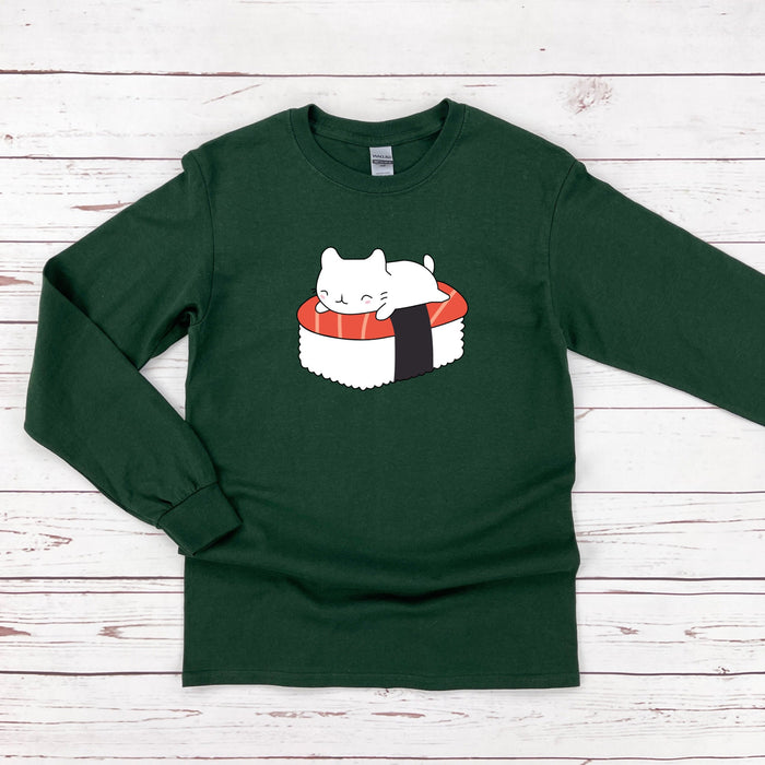 a green shirt with a cat eating sushi