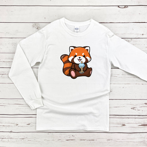 a white long sleeve shirt with a red panda bear on it