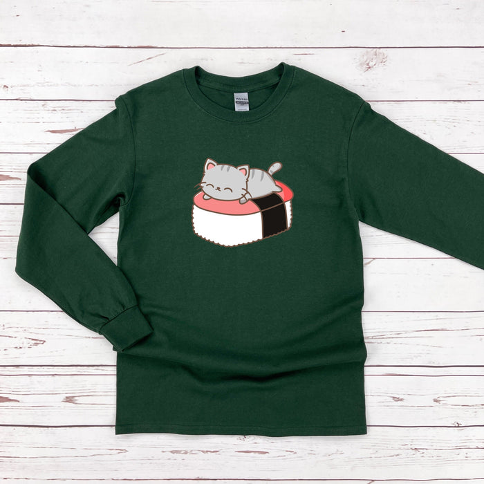 a green shirt with a cat eating sushi on it