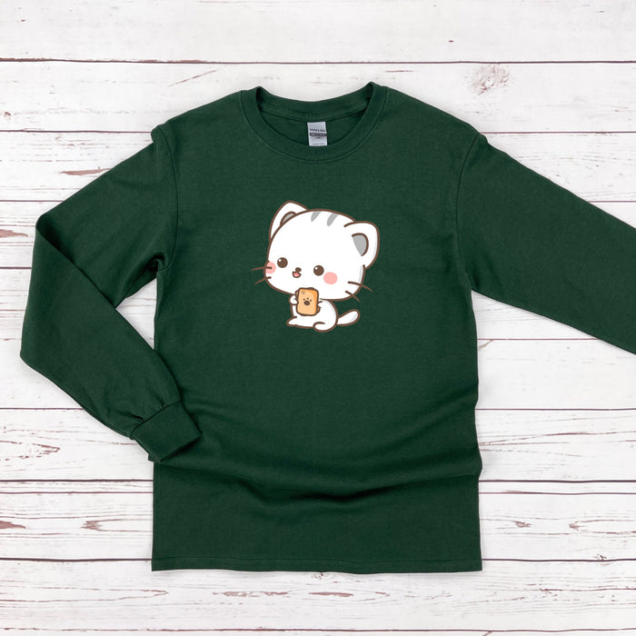 a green shirt with a cat on it