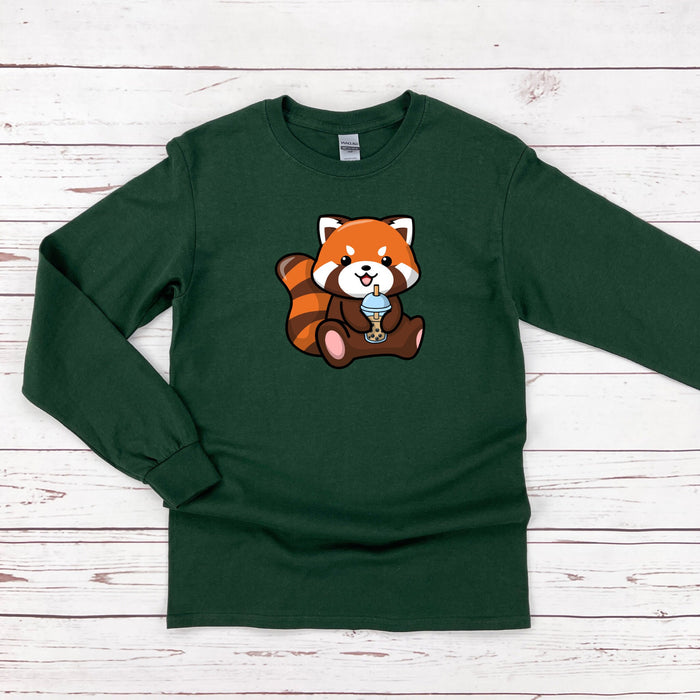 a green shirt with a red panda bear on it