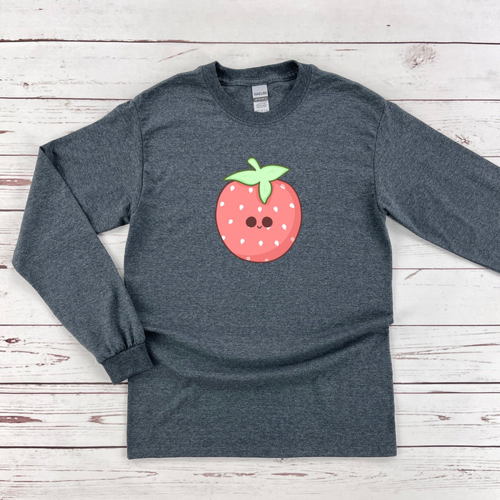 a gray shirt with a strawberry on it