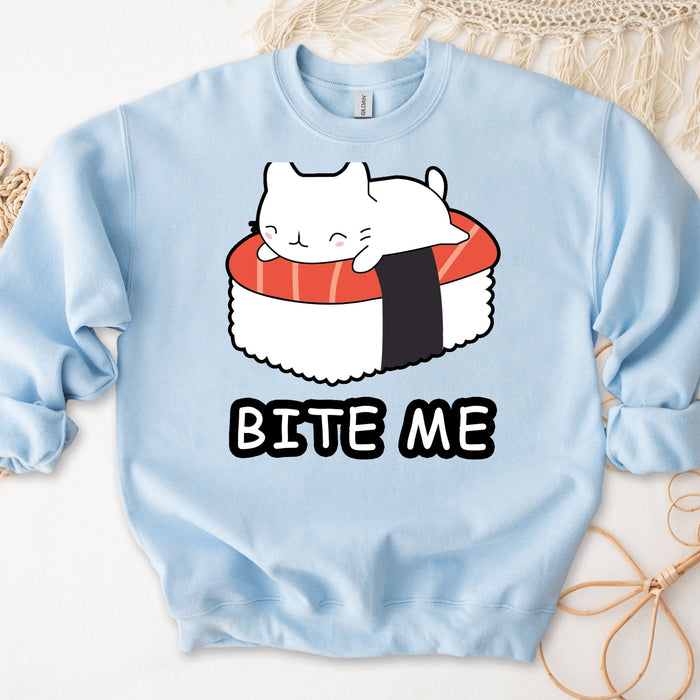Bite Me White Kitten on Sushi Bed Sweatshirt