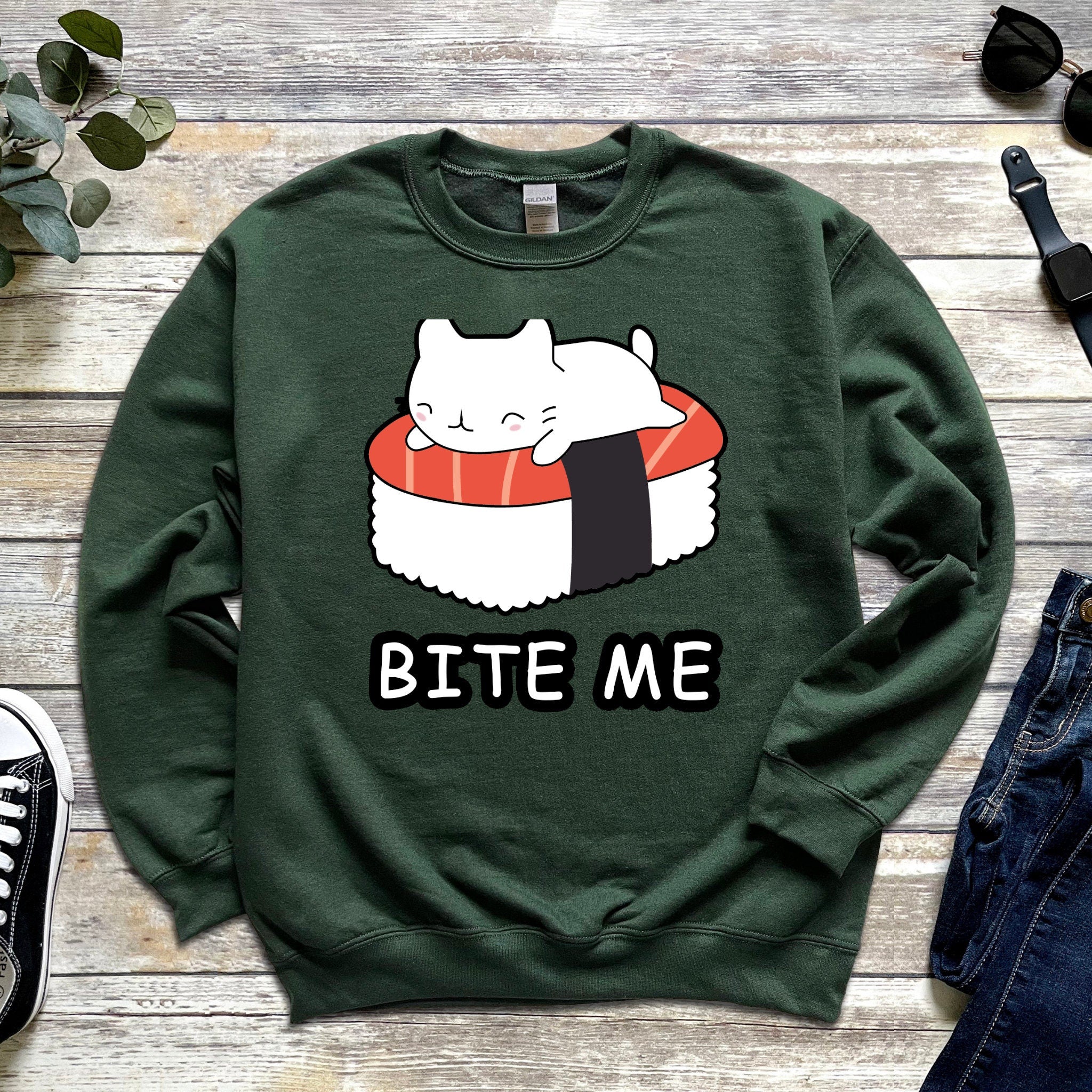 Bite Me White Kitten on Sushi Bed Sweatshirt