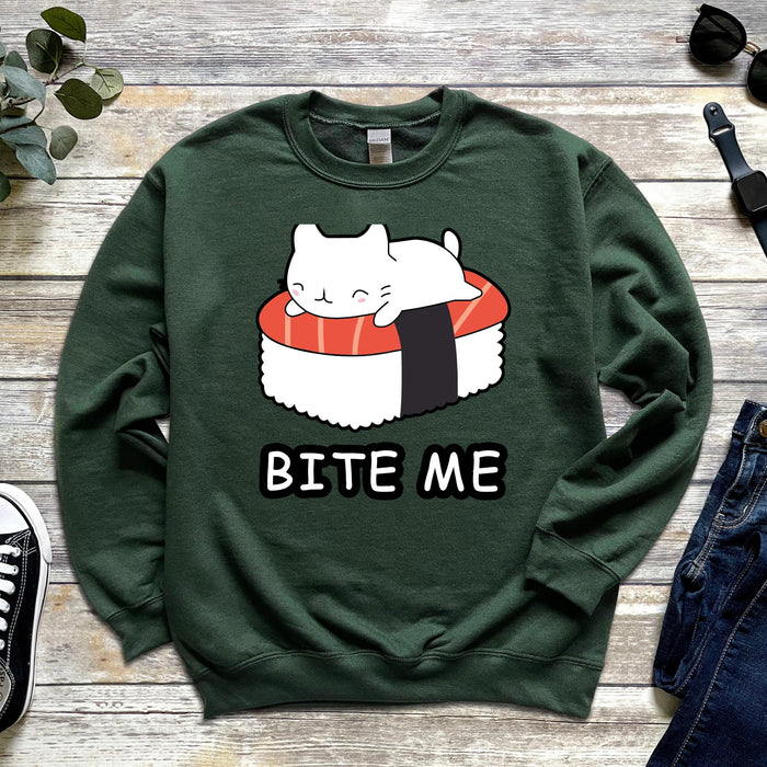 Bite Me White Kitten on Sushi Bed Sweatshirt