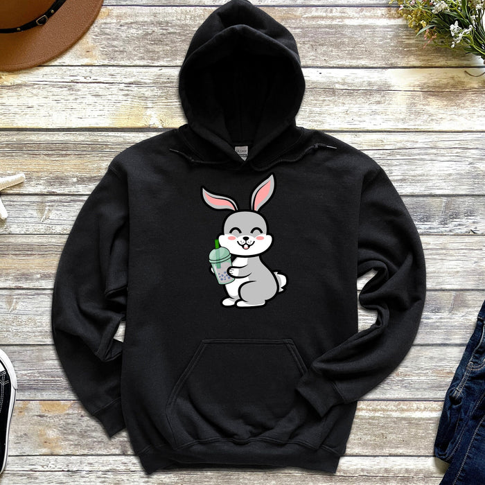 Cute Bunny Rabbit Drinking Boba Hoodie | Cute Big Eared Smiling Grey Rabbit Drinking Bubble Tea Taro Drink Japanese Streetwear Anime